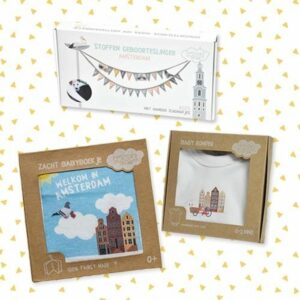 Cadeaupakket Amsterdam met babyboekje, rompertje 3-6 maanden & geboorteslinger - Blauw/Roze - origineel kraamcadeau