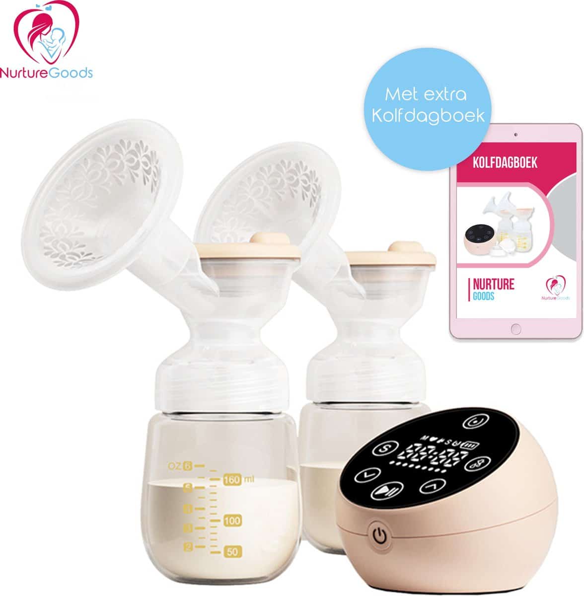 NurtureGoods Dual Efficient borstkolf - Smart 3.0 - Oplaadbare Dubbele Elektrische Borstkolf - Inclusief 2x180 ml Babyfles, Kolfdagboek en Speen