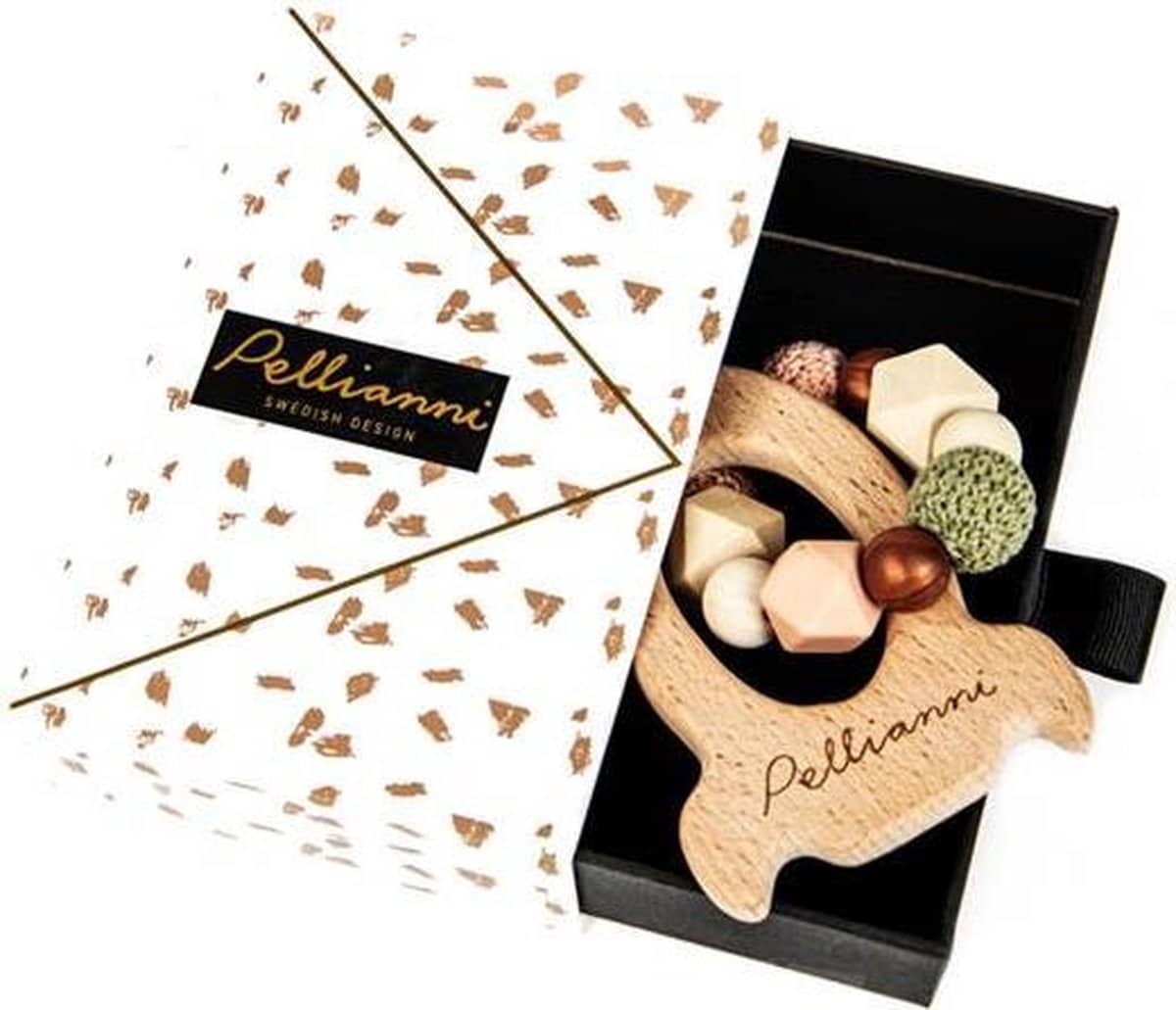 Pellianni Bijtring: RAKET HERFSTKLEUREN 13x7,5x4cm, onbehandeld beuken- en esdoornhout, silicone en katoen, Zweeds design, in geschenkdoosje 15x10x4cm, 1+