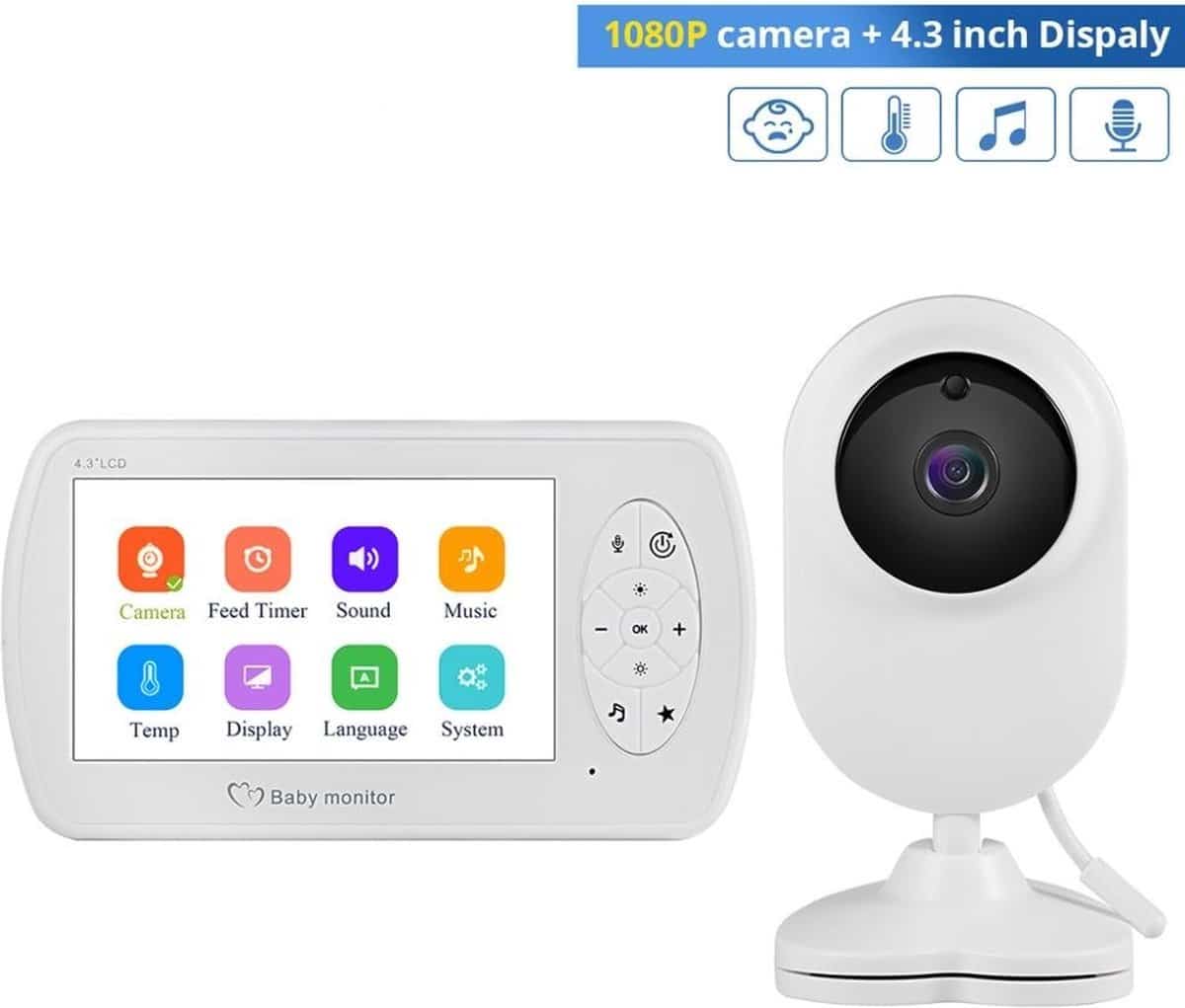Zawaer babyfoon, babyfoon met camera 5'' 720P HD, video babyfoon camera en audio babyfoon met Vox functie, PTZ 330°/135°, 3×zoom, 2,4 GHz intercomfunctie, nachtzicht, temperatuurbewaking