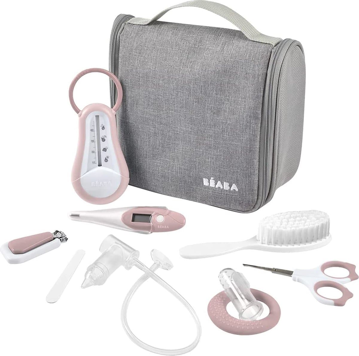 Béaba, Toilettas voor baby's Nomade - 9 accessoires incl. badthermometer, digitale thermometer, bijtring, tandvleesmassage, vlinderdas voor baby, handmatig, oud roze