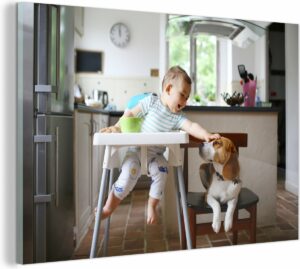 Glasschilderij - Baby - Kinderstoel - Hond - 150x100 cm - Acrylglas Schilderijen - Foto op Glas
