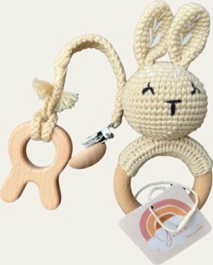 Youka - Rammelaar Nourayn - Bijpassende speenkoord - Baby - Cadeau - Beige