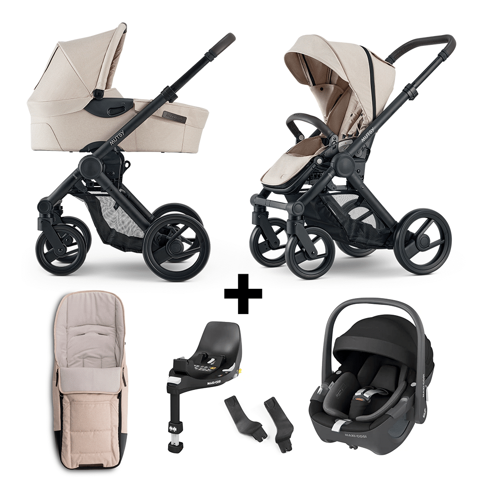 Kinderwagen Mutsy Evo Infinite Sand/Dark Brown + Voetenzak, Autostoel Maxi-Cosi Pebble 360, Base & Adapterset