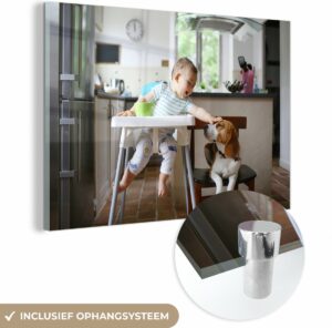MuchoWow® Glasschilderij - Baby - Kinderstoel - Hond - 180x120 cm - Acrylglas Schilderijen - Foto op Glas
