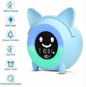 Oplaadbare lithiumbatterij Slaaptrainer met slaaptimers, wake-up licht & Nachtlamp met slaapmelodieën-Blauw kat ontwerp