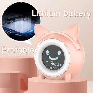 Oplaadbare lithiumbatterij Slaaptrainer met slaaptimers, wake-up licht & Nachtlamp met slaapmelodieën-Roze kat ontwerp