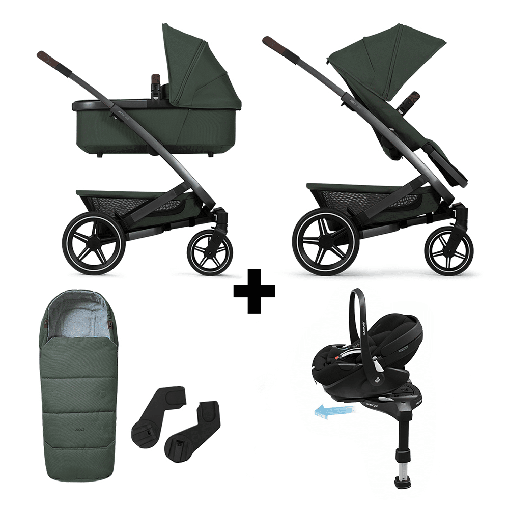Set Compleet | Kinderwagen Joolz Geo³ Urban Green + Autostoel 360° Slide Tech incl. Base, Voetenzak & Adapterset