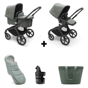 Set | Kinderwagen Bugaboo Fox5 Compleet Black/Forest Green + Luiertas, Voetenzak & Cupholder