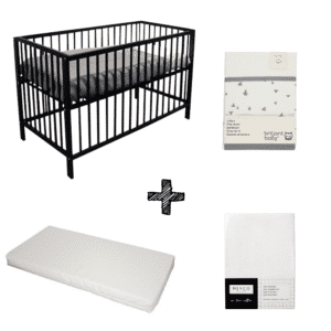 Set | Ledikant Open Basic Black + Matras Simply Go + Hoeslaken Meyco Wit + Laken Birds Organic Tornado Grey