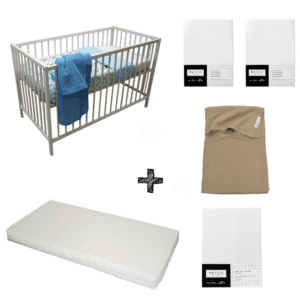 Set | Ledikant Open Basic White + Matras Simply Go + Hoeslaken Meyco Wit (2st) + Laken Meyco Wit + Deken Meyco Basic Taupe