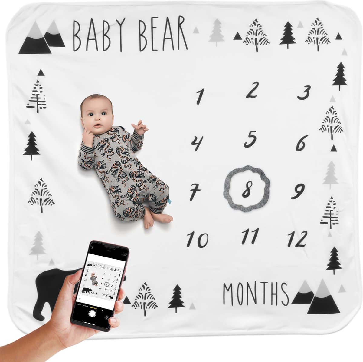 Tikiboe Mijlpaaldeken Beer - Baby Dekentje - Milestone Baby Kleed - Fleece Deken - Kraamcadeau Jongen of Meisje - Babyshower - Kraampakket/Geboorte Cadeau - Baby Speelkleed - Fotoherinnering - Kraam Cadeau