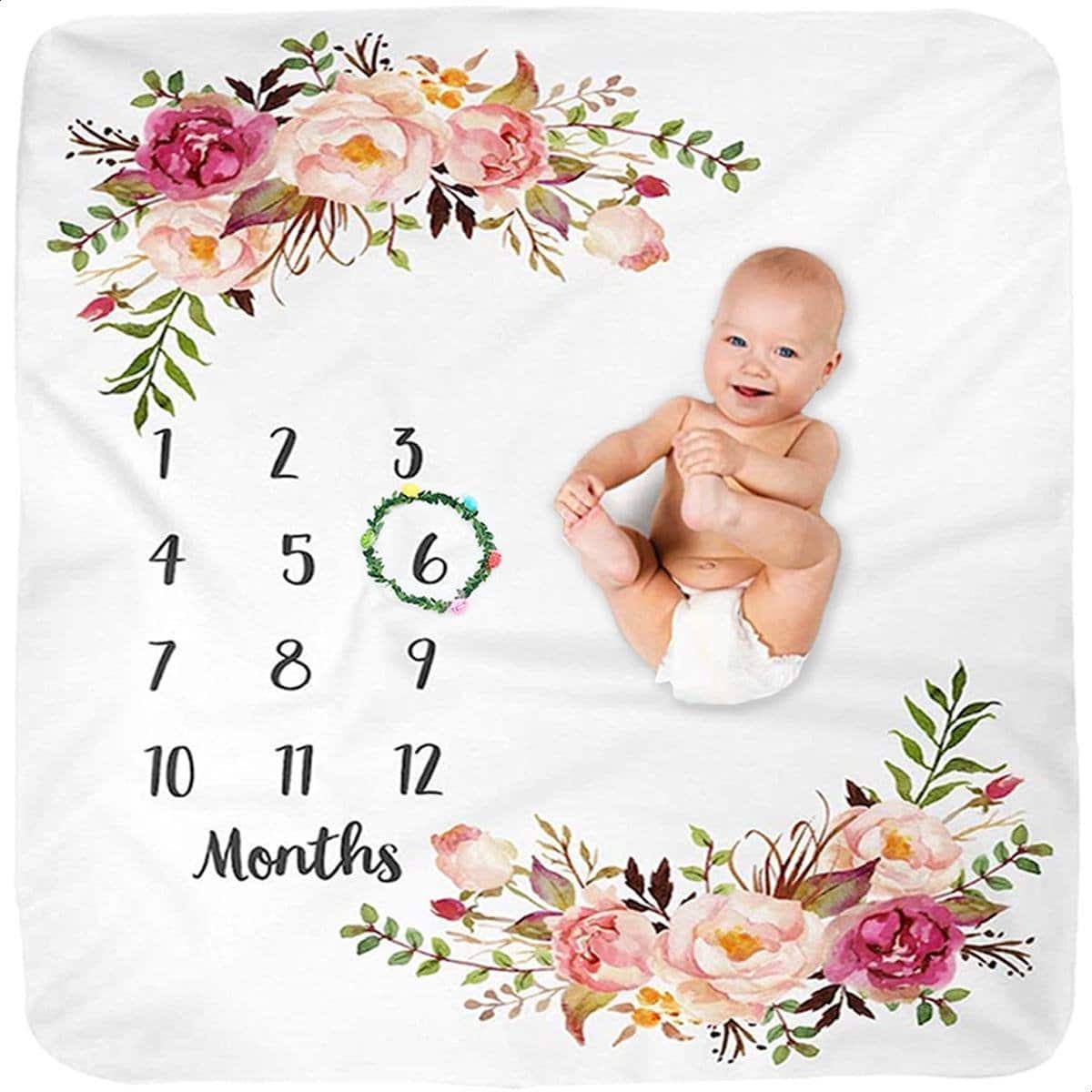 Tikiboe Mijlpaaldeken Roos - Baby Dekentje - Milestone Baby Kleed - Fleece Deken - Kraamcadeau Jongen of Meisje - Babyshower - Kraampakket/Geboorte Cadeau - Baby Speelkleed - Fotoherinnering - 100 x 100cm - Cadeau
