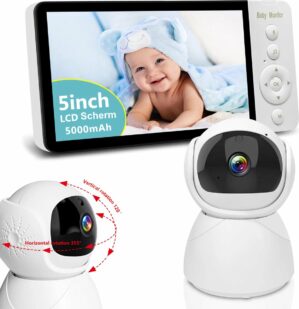 Baby Needs - Babyfoon - Babyfoon met camera - Video & Audio - Baby monitor - Op afstand bestuurbaar - 5 inch monitor - Nachtzicht - Terugspreekfunctie - Incl. Geluidsdetectie, Slaapmuziek, Voedingsalarm en Temperatuursensor - Veilige Verbinding 2.4 G