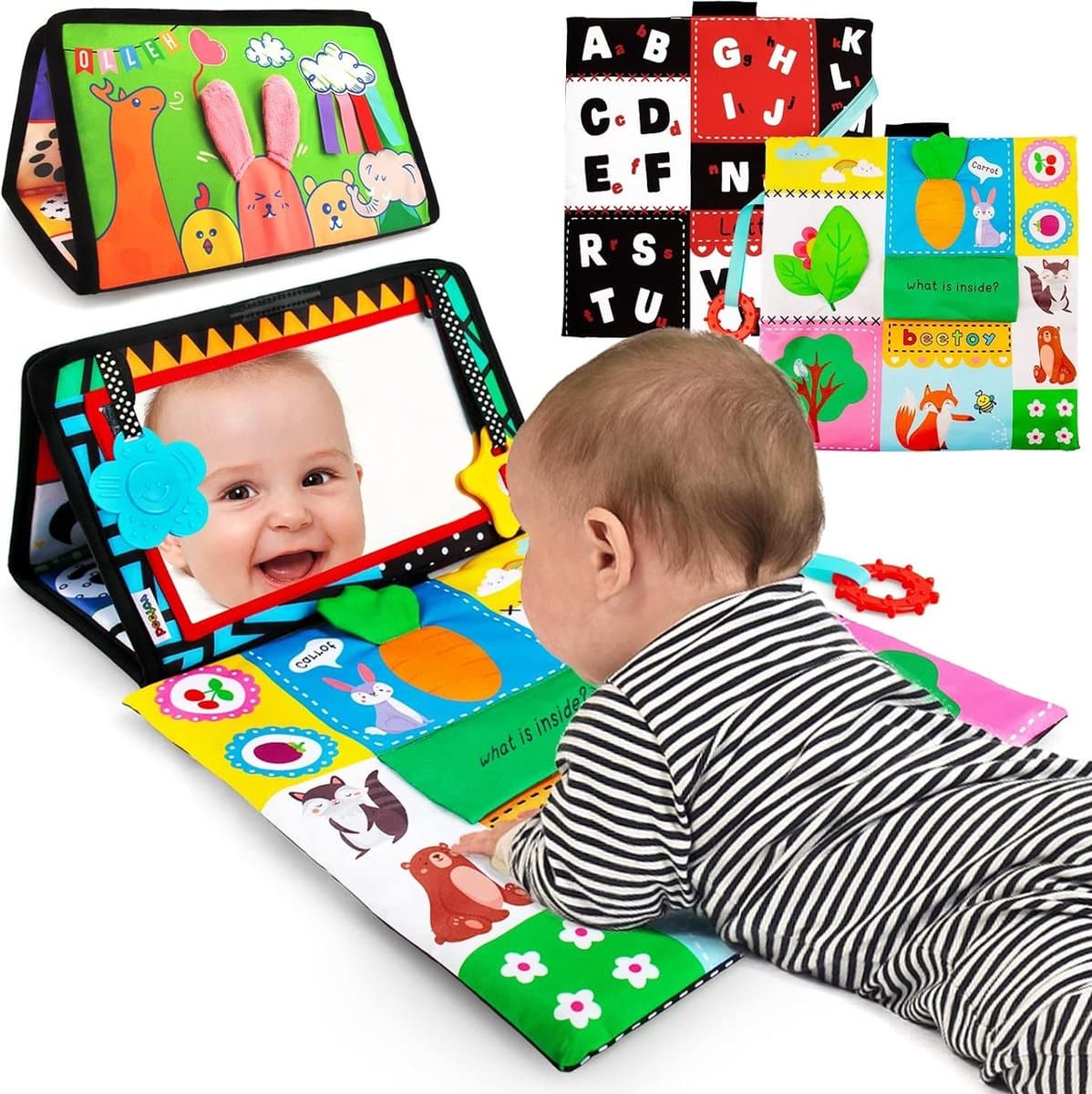 Baby Speelgoed - Baby Spiegel Mat met Bijtring - Baby mat - Opvouwbaar Babyspeelgoed voor Buikligging - Zwart Wit Contrastpatroon - ABC-alfabet voor Pasgeborenen - Hoogwaardig Merk Kwaliteit