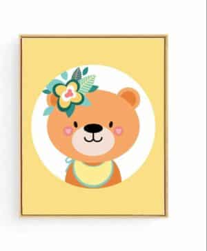 Poster Beer Geel met Bloemetje - 50x40cm - Dieren - Baby / Kinderkamer Muurdecoratie