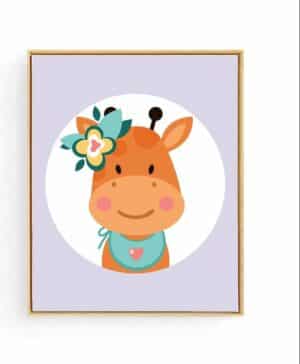Poster Giraffe Paars met Bloemetje - 70x50cm - Dieren - Baby / Kinderkamer Muurdecoratie