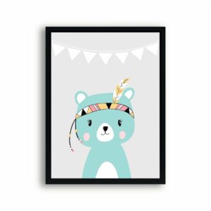 Poster Groene Indianen Beertje Grijs - Kinderkamer - Dierenposter - Babykamer / Kinderposter - Babyshower Cadeau - 50x40cm - Postercity