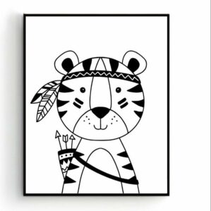 Poster Indianen Tijger Zwart/Wit - Kinderkamer - Dierenposter - Babykamer / Kinderposter - Babyshower Cadeau - Muurdecoratie - 80x60cm - Postercity