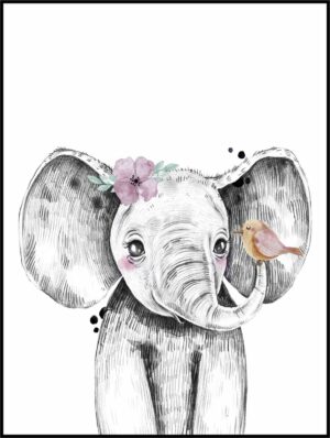 Poster Kinderkamer Olifant- 40x30 Zwart Wit - Babykamer Dieren - Jongens - of meisjeskamer