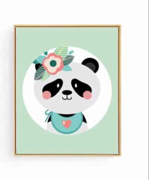 Poster Panda Groen met Bloemetje - 70x50cm - Dieren - Baby / Kinderkamer Muurdecoratie