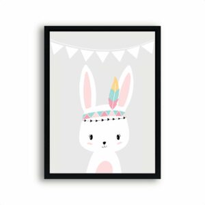 Poster Witte Indianen Konijntje Grijs - Kinderkamer - Dierenposter - Babykamer / Kinderposter - Babyshower Cadeau - 70x50cm - Postercity