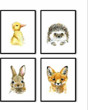 Postercity - Design Canvas Poster Aquarel Eendje Konijntje Egeltje Vosje / Kinderkamer / Bos Wildernis - Dieren Poster / Babykamer - Kinderposter / Babyshower Cadeau / Muurdecoratie / 70 x 50cm