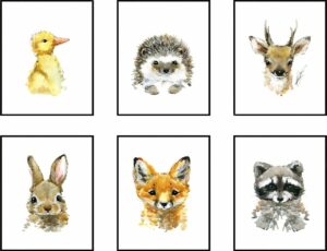 Postercity - Design Canvas Poster Aquarel Eendje Konijntje Egeltje Vosje Wasbeer Hertje / Kinderkamer / Bos Wildernis - Dieren Poster / Babykamer - Kinderposter / Babyshower Cadeau / Muurdecoratie / 70 x 50cm