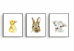 Postercity - Design Canvas Poster Aquarel Eendje Konijntje Lammetje / Kinderkamer / Boerderij - Dieren Poster / Babykamer - Kinderposter / Babyshower Cadeau / Muurdecoratie / 40 x 30cm / A3