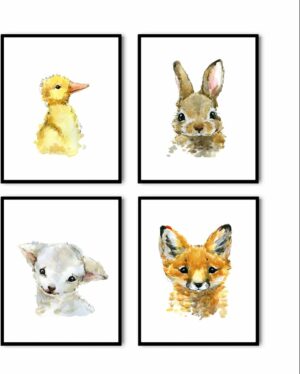 Postercity - Design Canvas Poster Aquarel Eendje Konijntje Lammetje Vosje / Kinderkamer / Boerderij - Dieren Poster / Babykamer - Kinderposter / Babyshower Cadeau / Muurdecoratie / 40 x 30cm / A3