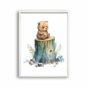 Postercity - Poster Aquarel Baby Beer op Boomstronk - Waterverf - Bos Dierenposter - Babykamer / Kinderposter - Muurdecoratie - 30x21cm / A4