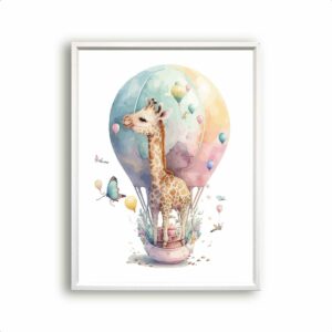 Postercity - Poster Aquarel Baby Giraf in Luchtballon - Waterverf - Dierenposter - Babykamer / Kinderposter - Muurdecoratie - 70x50cm