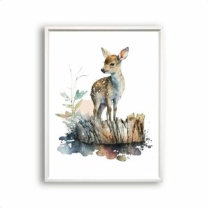 Postercity - Poster Aquarel Baby Hertje op Boomstronk - Waterverf - Bos Dierenposter - Babykamer / Kinderposter - Muurdecoratie - 50x40cm