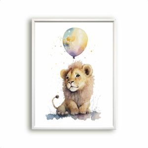 Postercity - Poster Aquarel Baby Leeuwtje met Ballon - Waterverf - Dierenposter - Babykamer / Kinderposter - Muurdecoratie - 70x50cm