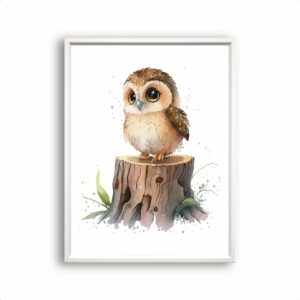 Postercity - Poster Aquarel Baby Uil op Boomstronk - Waterverf - Bos Dierenposter - Babykamer / Kinderposter - Muurdecoratie - 80x60cm