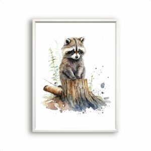 Postercity - Poster Aquarel Baby Wasbeer op Boomstronk - Waterverf - Bos Dierenposter - Babykamer / Kinderposter - Muurdecoratie - 80x60cm