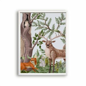 Postercity - Poster Vos Konijn Uil Eland in het Bos aquarel / waterkleur handgetekend midden - Bos Dieren Poster - Kinderkamer / Babykamer - 50x40cm