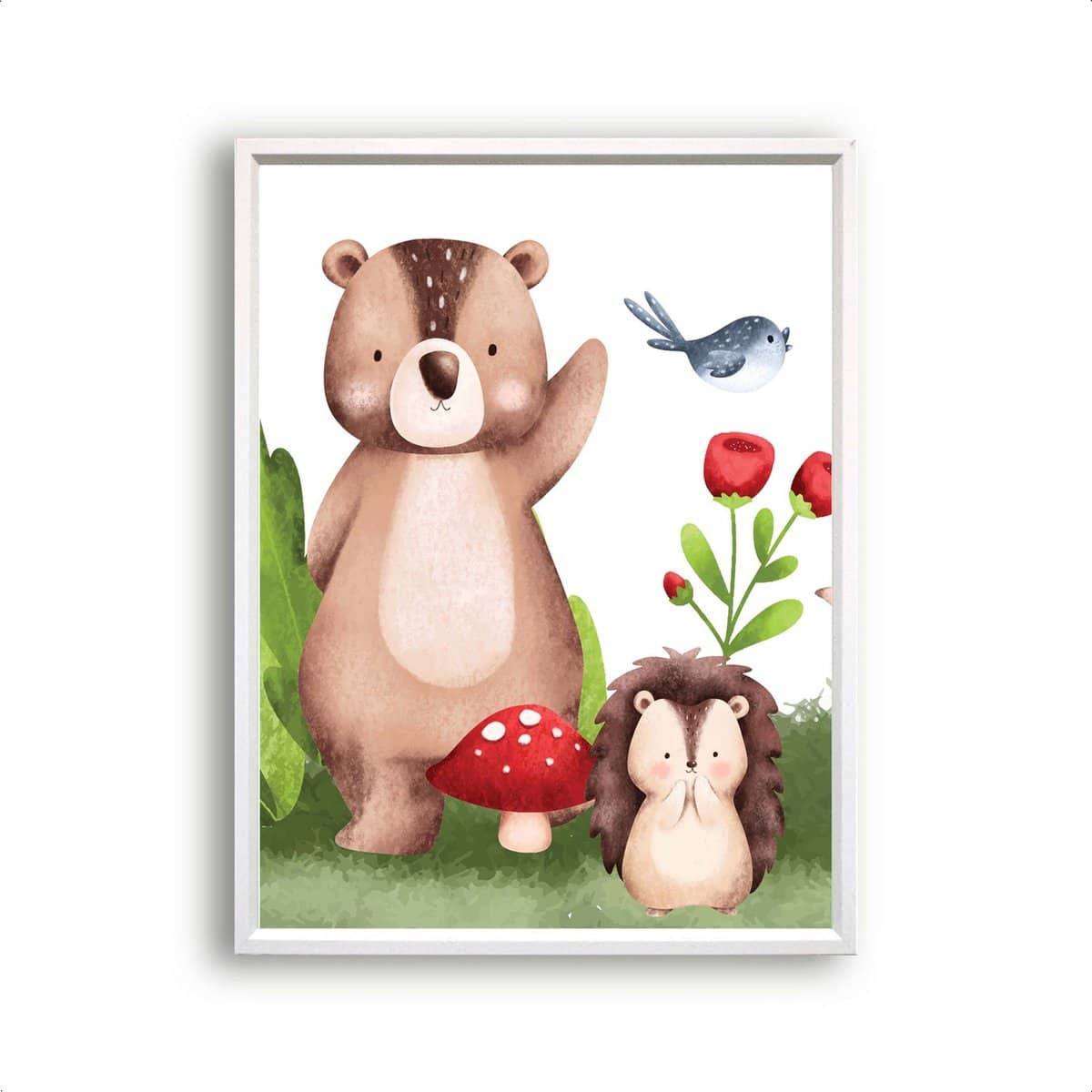 Postercity - Poster blije bosdieren beer egel en vogeltje Aquarel/waterkleur - Bos Dieren Poster - Kinderkamer / Babykamer - 50x40cm
